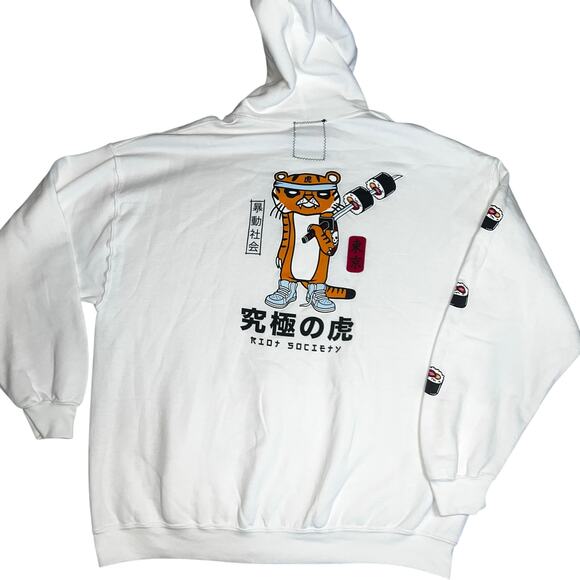 Riot Society Mens Sugee Tiger Sushi Samurai graphic Hoodie White size XL - Picture 2 of 6